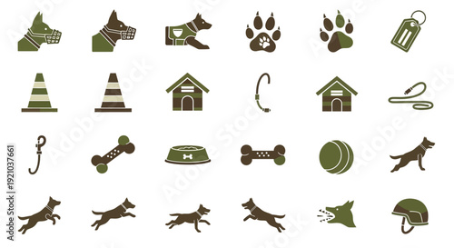 Collection of dog-related icons including training equipment, accessories, and various dog poses, presented in a clean, graphic style.