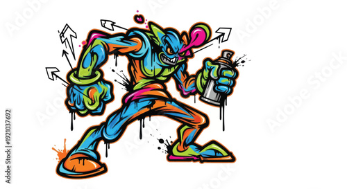 Colorful Street Art Cartoon Character Running with Spray Bottle and Skull Mask.