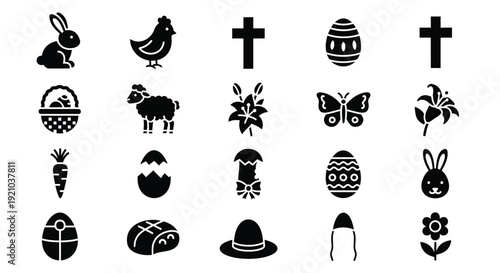 A collection of black and white Easter-themed icons including a rabbit, chicken, cross, egg, basket, sheep, carrot, flower, butterfly, and hat.