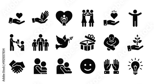 Collection of icons representing concepts of love, family, support, community, and well-being.