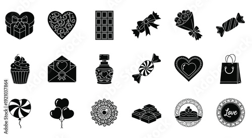 A collection of black and white icons representing gifts, sweets, and romantic symbols, perfect for Valentine's Day or love-themed designs.