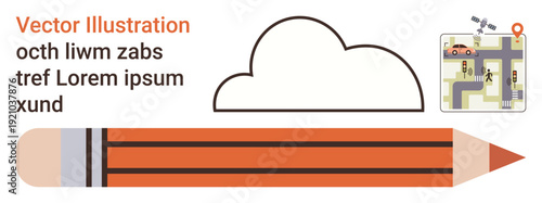 Education, creativity, navigation, mapping, content creation, design. a cloud, a pencil and a detailed map with a car and road layout. Creativity and navigation concept