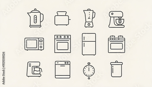Collection of Modern Kitchen and Home Appliances Line Art Icons for Cooking and Household Concepts