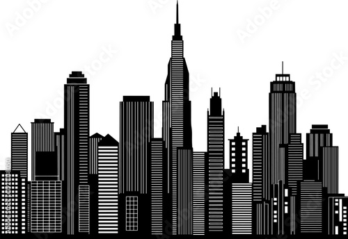 Detailed City Skyline Silhouette with Modern Skyscrapers, Suspension Bridge, Clock Tower, and Historic Metropolitan Architecture for Urban Travel and Corporate Business Design