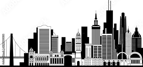 Detailed City Skyline Silhouette with Suspension Bridge, Clock Tower, Modern Skyscrapers, and Classical Architecture Elements for Urban Travel and Metropolitan Business Identity Design