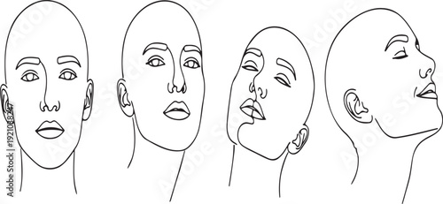 Four different human heads in line art, showing various angles and expressions.