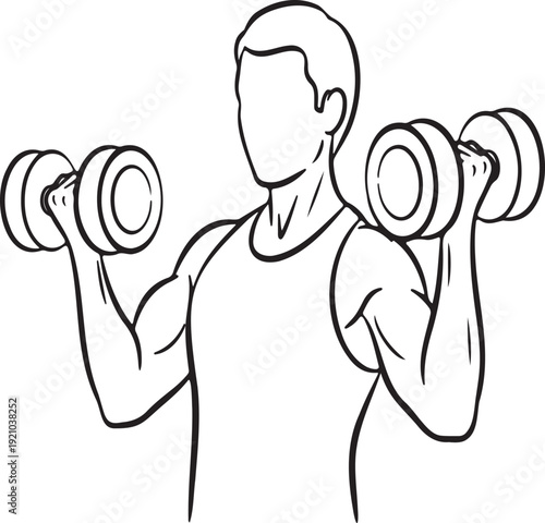 Strong man performing bicep curls with dumbbells, fitness workout.