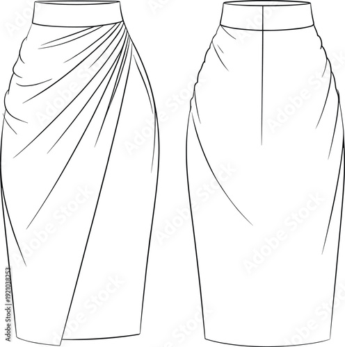 Elegant pencil skirt with pleated drape detail, high waist, fitted silhouette, fashion design garment, professional style, CAD drawing, flat vector illustration