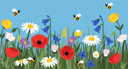 Colorful Wildflowers and Bees in Bloom.