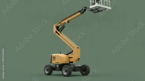 Yellow Articulating Boom Lift Elevated Work Platform Isolated on a Solid Green Background