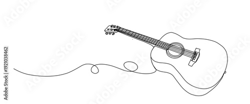 One line drawing of classic guitar with music notes tone design. Classical jazz music instrument. Vector illustration simple continuous outline style