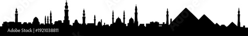 Cairo city skyline silhouette with the great pyramids and mosque minarets