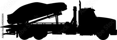 Car carrier truck transporting a sedan on a flatbed silhouette