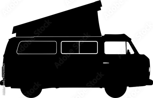 Camper van silhouette with pop-up roof for recreational travel