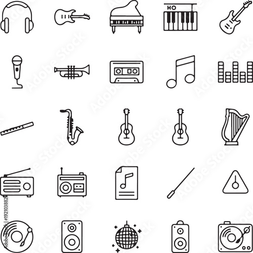 music, instrument, audio, equipment, icon, set, vector, line, art, collection, guitar, piano, drums, headphones, illustration, creative, emblem, sound, musical, modern, graphic, design, studio, perfor
