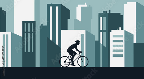 Man Riding Bicycle in Cityscape.