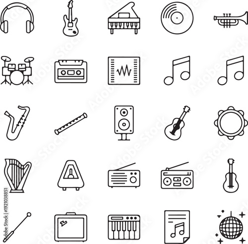 Music Instrument and Audio Equipment Icon Set - Vector Line Art Collection including Guitar, Piano, Drums, and Headphones