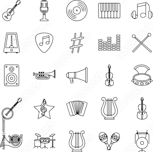 Music Instruments and Audio Equipment Line Icon Set featuring Guitar, Microphone, Piano, Violin, and Drums. Collection of musical symbols and recording tools for design and apps.