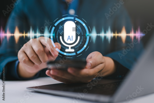 Photography AI assistant voice chat interface with person speaking through microphone