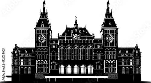 Detailed facade silhouette of the rijksmuseum in amsterdam