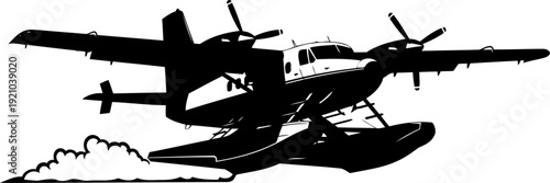 Dynamic seaplane taking off from water with spray