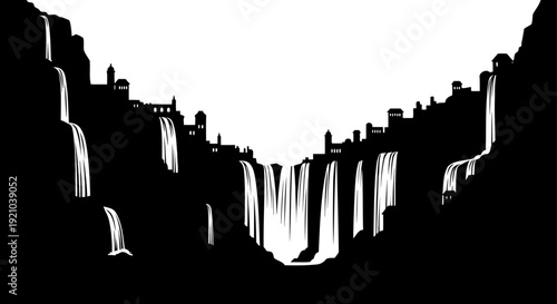 Epic fantasy city silhouette with cascading waterfalls and towers