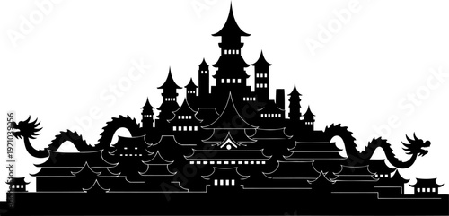 Fantasy asian palace silhouette with dragon statues