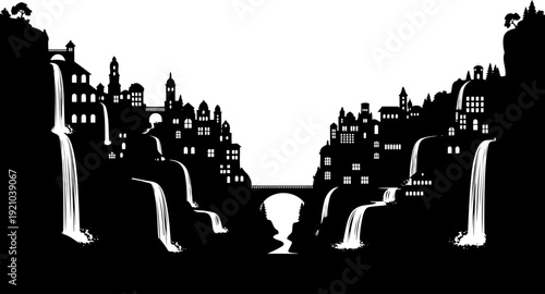 Fantasy cliff city silhouette with cascading waterfalls and bridges