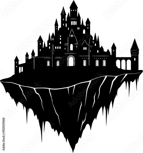 Fantasy floating island castle silhouette suspended in mid-air