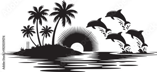 Tropical Island with Palm Trees, Sun Setting over the Horizon, and Jumping Dolphins in the Ocean Waves Isolated on White