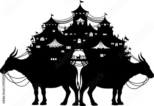 Fantasy nomadic city silhouette on water buffaloes