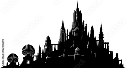 Fantasy underwater castle silhouette with sea shell architecture and towers