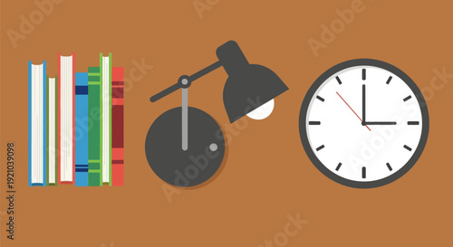 Books Desk Lamp and Clock on Table.