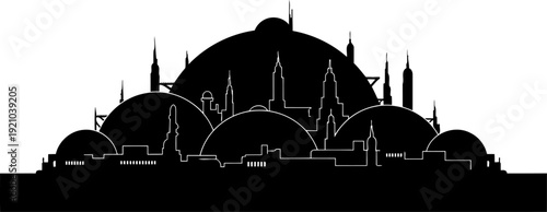 Futuristic dome city silhouette with high-tech skyscrapers and spires