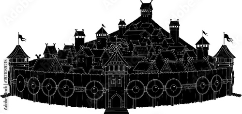 Fortified viking village silhouette with wooden palisades and flags
