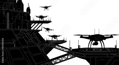 Futuristic drone delivery port silhouette with landing pads