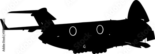 Heavy cargo aircraft silhouette with the nose cargo door open for loading