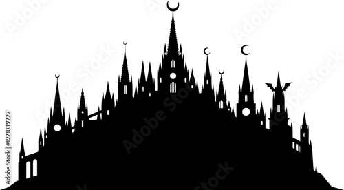 Gothic castle silhouette with multiple spires and crescent moons