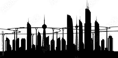 Futuristic metropolis skyline silhouette with elevated transportation rings and skyscrapers