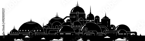 Futuristic sci-fi city with domes silhouette