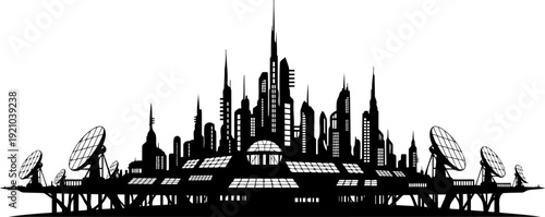 Futuristic sci-fi city silhouette with satellite dishes and tall spires