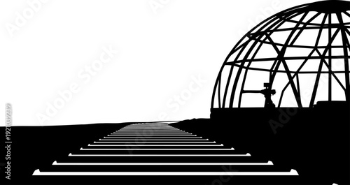 Futuristic geodesic dome silhouette with leading path