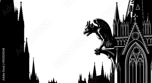 Gothic cathedral gargoyle silhouette overlooking a medieval city