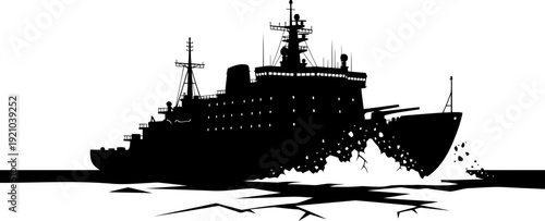 Heavy icebreaker ship silhouette breaking through arctic frozen sea