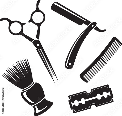 Barber tools graphic icon set. Scissors, straight razor, comb, shaving brush, blade signs isolated on white background. Barbershop symbols. Vector illustration