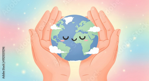 Smiling earth globe cradled in hands with pastel rainbow background and clouds