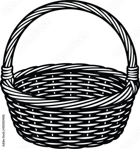 Empty wicker basket black and white vector on white background.