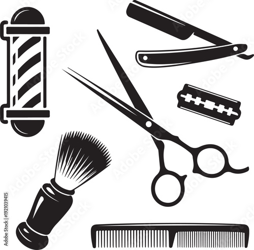 Barbershop symbols. Barber tools graphic icon set. Scissors, straight razor, comb, shaving brush, blade, barber pole. Signs isolated on white background. Vector illustration