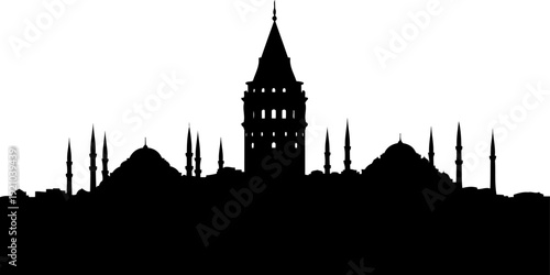 Istanbul city skyline silhouette featuring galata tower and mosques