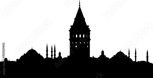Istanbul skyline silhouette featuring galata tower and minarets